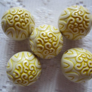 6 zonnige geel & Cream geëtst sierlijke ronde acrylaat parels 19mm
