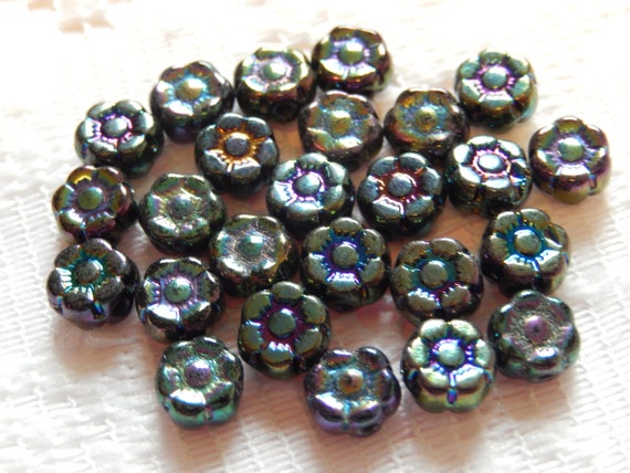 Fusible Beads 25 Black Iris AB Opaque Czech Pressed Glass Flower Beads 7mm Paper, Party & Kids