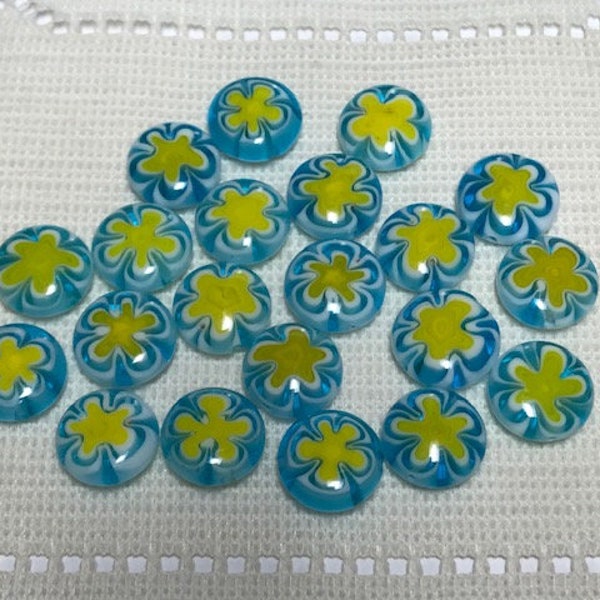 20  Turquoise Blue Yellow & White Flower Puffed Coin Millefiori Lampwork Glass Beads  11mm