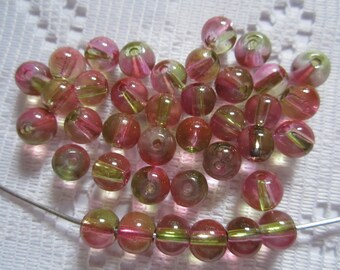 30  Fuchsia Pink & Olivine Green Two Toned Silver Lined Round Glass Beads  6mm