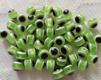 25  Lime Green White & Black Eye Round Resin Acrylic Beads  8mm