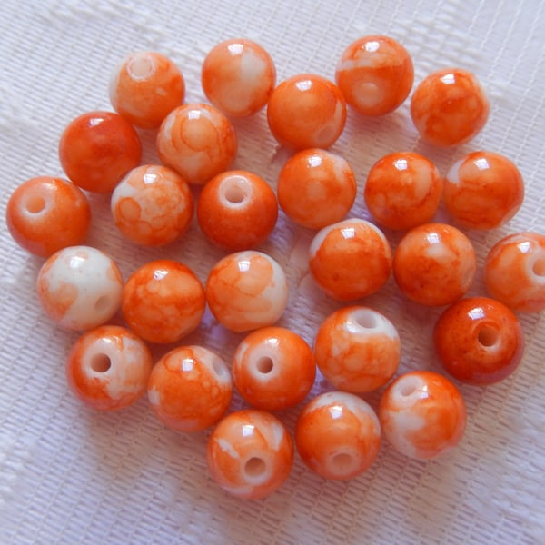 25  Dark Orange & White Veined Round Ball Glass Beads  8mm