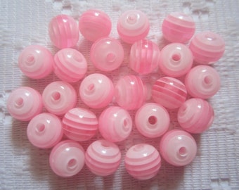 25  Shades of Bubble Gum Pink Transparent Striped Round Resin Acrylic Beads  6mm