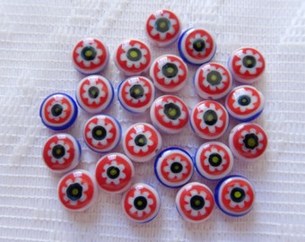 23  Blue White & Red Flower Millefiori Rounded Button Lampwork Glass Beads  7mm