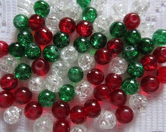 24  Christmas Mix Red Medium Green & Clear Round Crackle Glass Beads  6mm