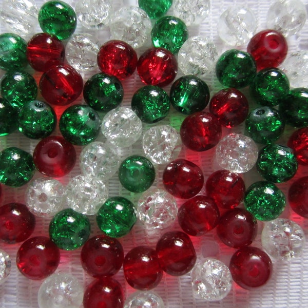 24  Christmas Mix Red Medium Green & Clear Round Crackle Glass Beads  6mm