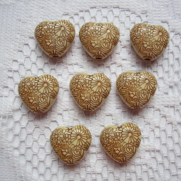 8  Light Brown & Cream Etched Flower Heart Acrylic Beads  16mm