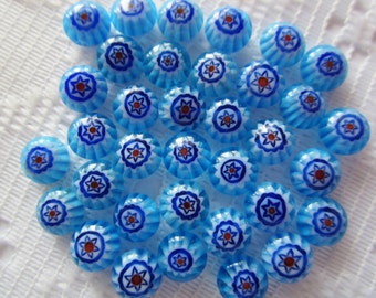 22  Turquoise Blue White & Red Flower Millefiori Lampwork Button Glass Beads  7mm