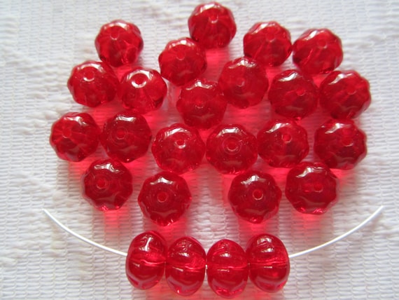 20 Ruby Red Transparent Fluted Squashed Melon Czech Glass Beads