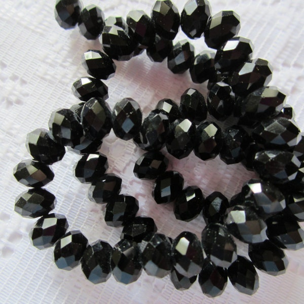 24  Jet Black Ebony Faceted Rondelle Crystal Beads  8mm x 6mm