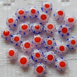 21  Blue Red & White Flower Millefiori Rounded Button Lampwork Glass Beads  6mm