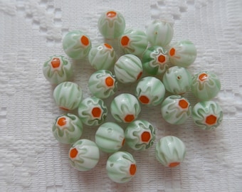 24  Pastel Mint Green Orange & White Flower Round Ball Millefiori Lampwork Glass Beads  6mm