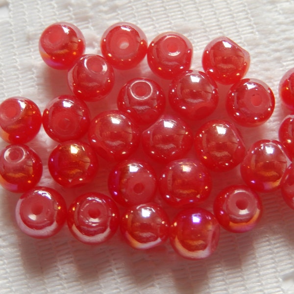 25  Christmas Red Opal Pearl AB Round Glass Beads  6mm