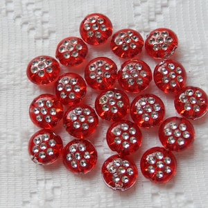 20  Ruby Red & Shiny Silver Polka Dotted Etched Round Coin Acrylic Beads  10mm