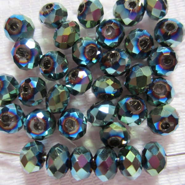 25  Blue Green Iris Peacock Metallic AB Faceted Rondelle Crystal Beads  6mm x 4mm