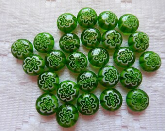 22  Kelly Green & White Flower Millefiori Rounded Button Coin Lampwork Glass Beads  6mm