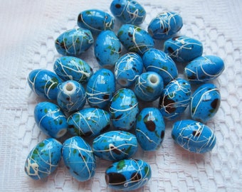 15  Deep Sky Blue & White Drizzled Oval Acrylic Beads  13mm x 9mm