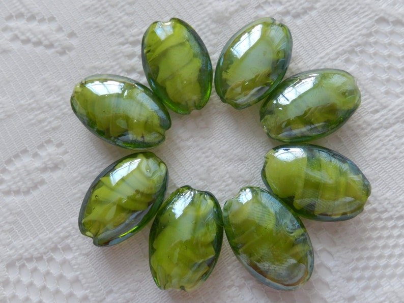 8 Olivine Green & White Inner Swirl Oval Puffed Lampwork Glass Beads 26mm x 17mm image 1
