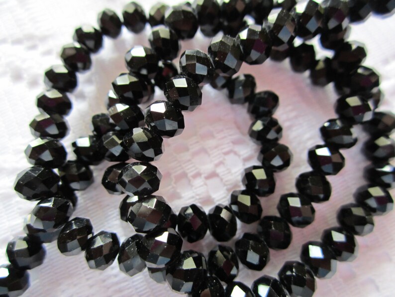 25 Jet Black Ebony Rondelle Crystal Faceted Beads 6mm x 4mm