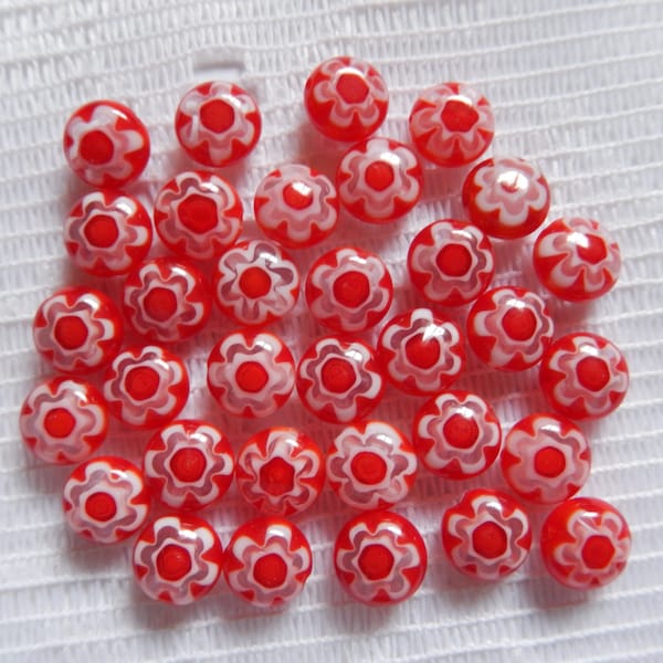 22  Bright Red & White Flower Millefiori Rounded Button Lampwork Glass Beads  6.5mm