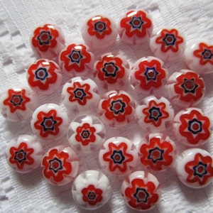 25  Red White & Blue Flower Millefiori Rounded Button Lampwork Glass Beads  8.5mm