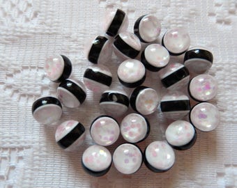 20 Black Striped Clear Sparkle Pink Glitter Round Resin Acrylic Beads  8mm