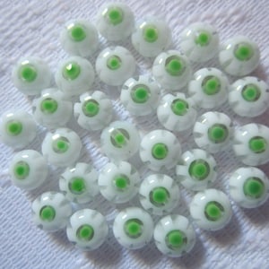 22  White & Green Flower Millefiori Rounded Button Lampwork Glass Beads  6.5mm