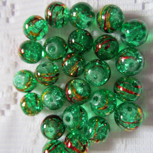 20  Emerald Green Red & Gold Swirl Foiled Crackled Round Glass Beads  8mm