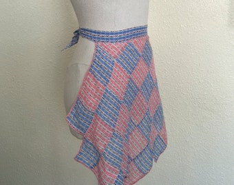 Vintage Half Apron, Pink &Blue Patchwork, 1930s Cotton Apron, Hankie Style Hostess Apron