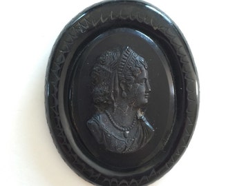 Vintage Cameo Pin, Victorian Revival, Black Mourning Brooch