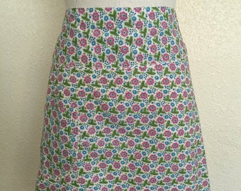 Vintage Half Apron, 1930s Cotton Floral, Hostess Apron, Pink &Green, Ric Rac Edges