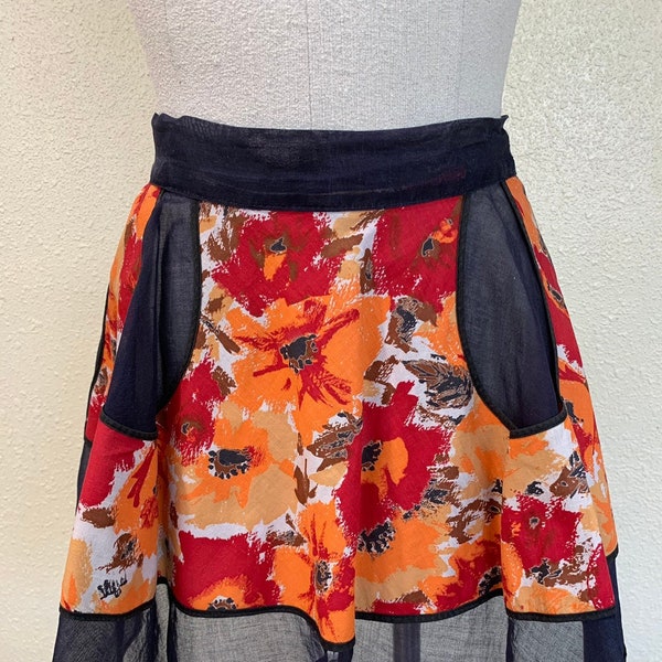 Vintage Half Apron, Orange and Red Floral Print with Black Organza