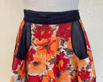 Vintage Half Apron, Orange and Red Floral Print with Black Organza