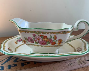 Antique Royal Winton Grimwades Gravy Boat, Sauce Pitcher with Plate, Late 1930s