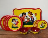 Vintage Tea Set, Ohio Art Tin, 1940s Child 39 s Toy, Gardeners and Puppies