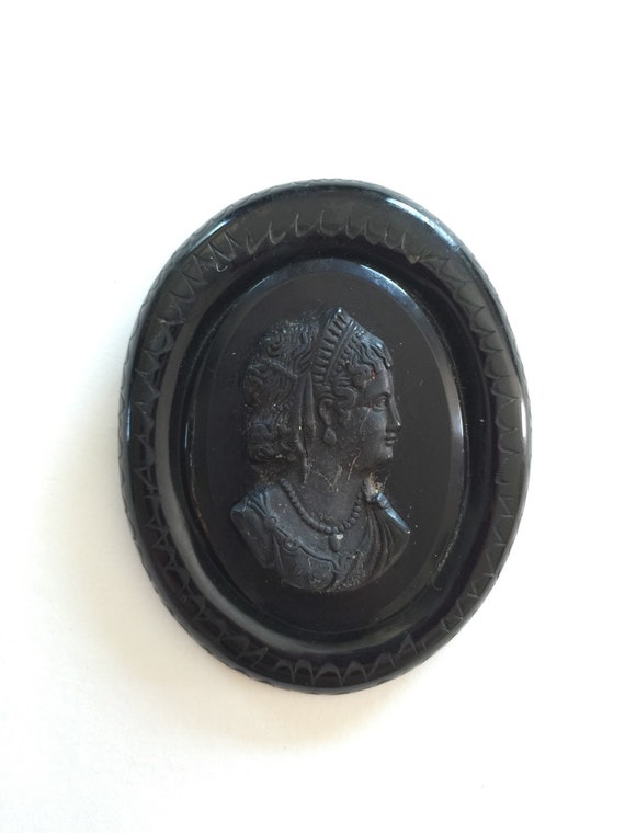 Vintage Cameo Pin, Victorian Revival, Black Mourn… - image 1