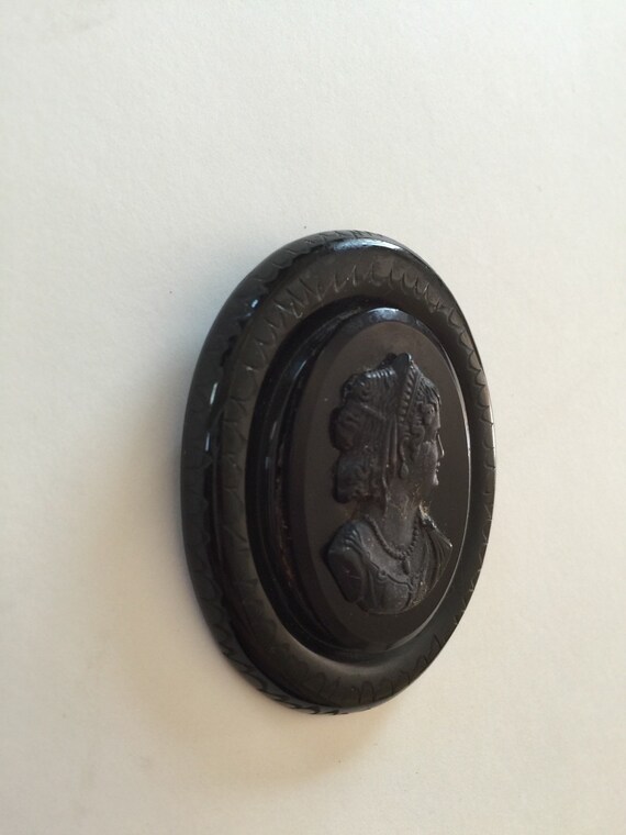 Vintage Cameo Pin, Victorian Revival, Black Mourn… - image 3