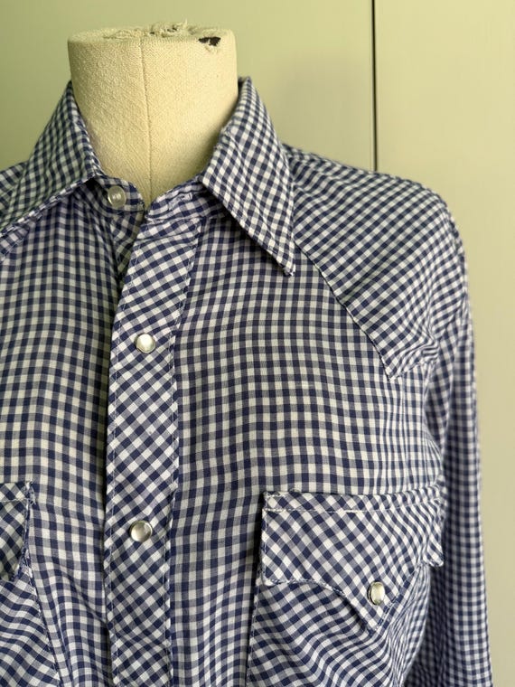 Dickson Jenkins Western Pearl Snap Shirt, Blue Gingham 1970s, Men’s Large