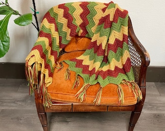 Vintage Handmade Green, Yellow & Red Chevron Striped Fall Blanket 68" x 28" | Knit, Crochet, Afghan, 1970s, Retro, Funky, Comfy, Throw