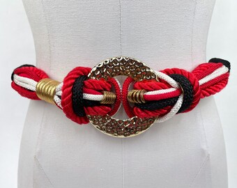 1980s Small Multi Color Rope Belt w Giant Gold Ring in Black / Red / White Boho Late 70s Style