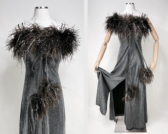 1970s Handmade Silver Metallic Ostrich Feather Dress w Tinsel XS | Vintage, Showgirl, Hollywood, One of a kind, Slits, Sexy, Halloween