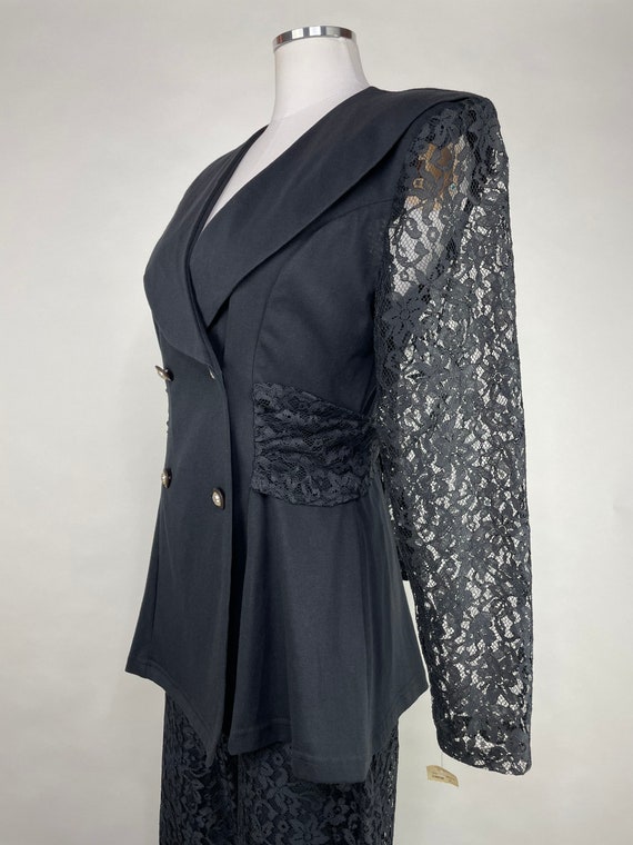 1980s Black Lace Power Suit w Palazzo Pants, Bow … - image 5