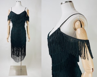 1970s-1980s Black Fringe Dancing Dress by Dovizia USA XS | Vintage, Flapper, Salsa, 1920s, Costume, Halloween, Sexy, Cocktail Party