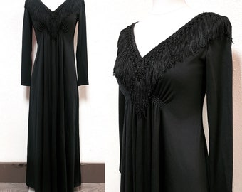 Vintage Black Fringe V Neck Maxi Dress w Long Sleeves 1960s - 1970s | Retro, Funky, Disco, Gothic, Formal, Casual