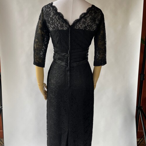 Vintage 50s Black Wiggle Dress W Lace Illusion Chest & Sleeves, V Neck, V Back w Satin Waist by Ferman O'Grady Size XS/S | Party, Cocktail shops