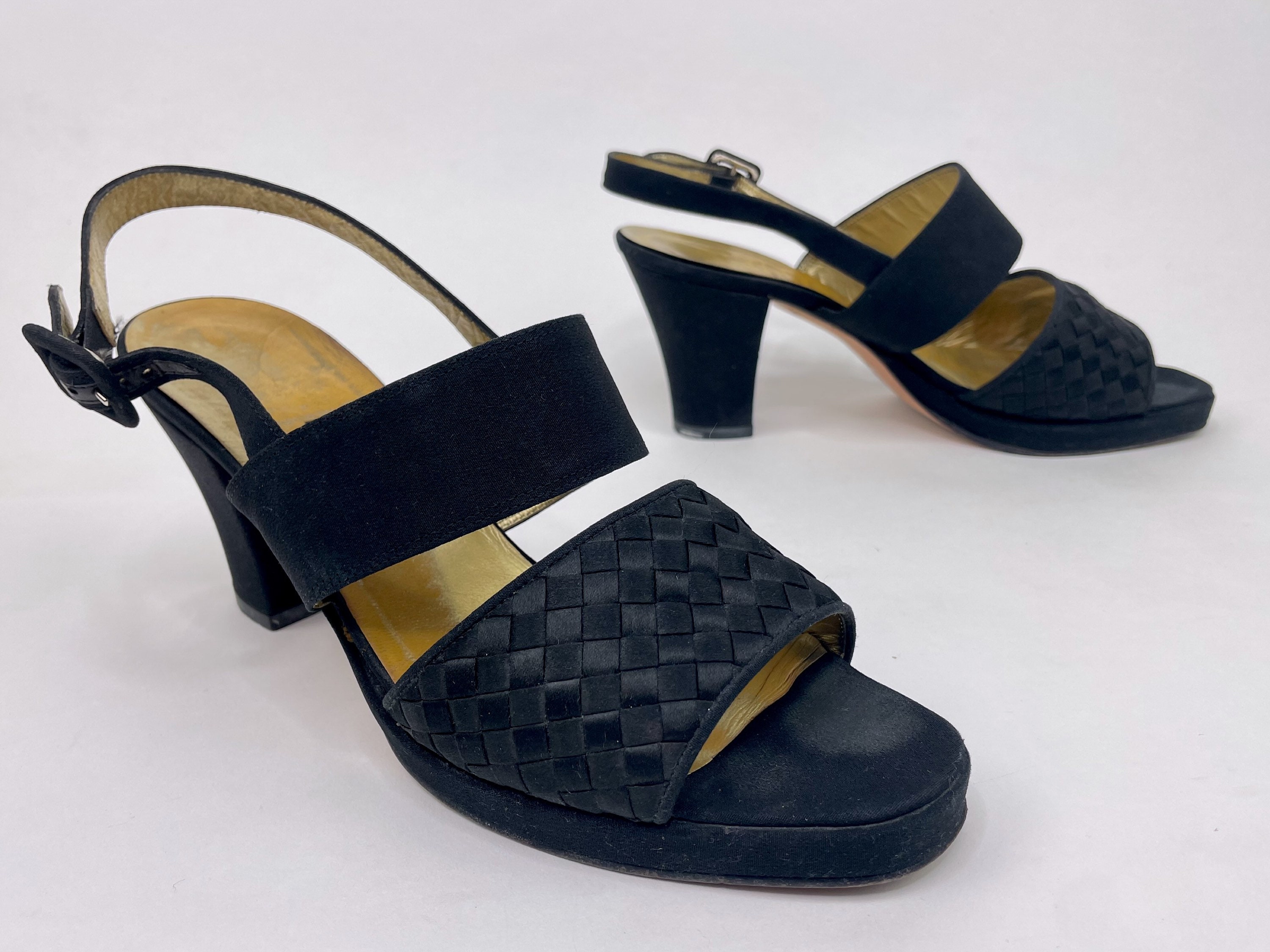 Louis Vuitton Black Satin Floral Embroidered golden Trim Ankle Strap Block  Heels