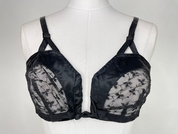 Vintage 50s Black Embroidered Marquisette Cup Wet Look Nylon Bra hi-low  Witchery by Exquisite Form 34B Small Sexy, Valentines 3 OF 3 