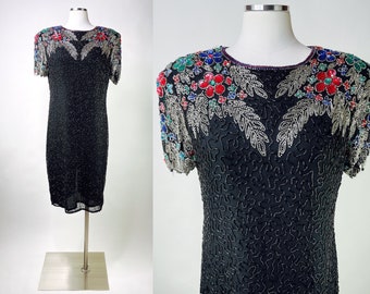 1980s Black & Multi Color Floral Beaded Cocktail Dress w Large Shoulder Pads by Sweelo Small | Vintage, Open Back, Formal, Costume