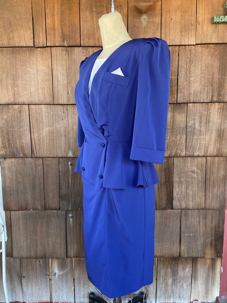 Vintage Large 1980/'s /'Liz Petites/' Navy Blue Peplum Business Wiggle Dress Sailor Flight Attendant Rockabilly