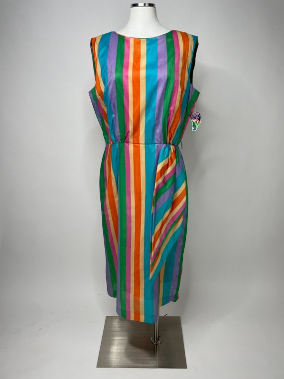 1960s Pastel Rainbow Vertical Striped Dress W Gathered Sash Handmade Large Retro Mid Century Modern Tea Party Cocktail Etsy UK